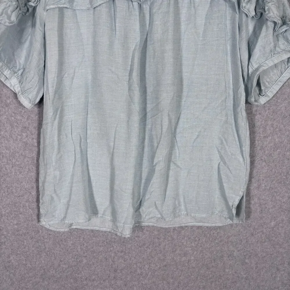 LOFT Ruffle Blouse Medium Baby Blue Linen Puff Feminine‎ Cottage Coquette Dainty